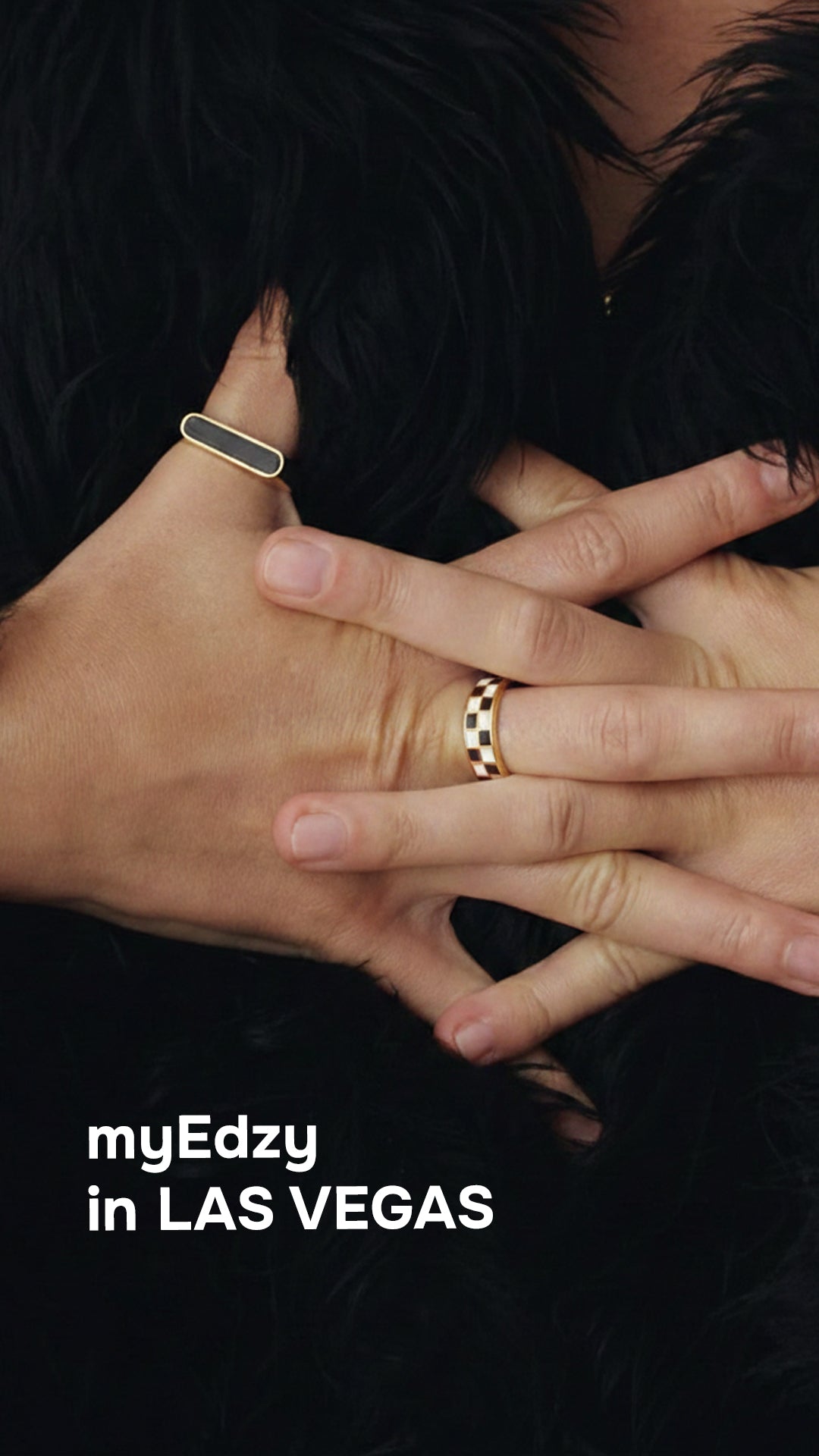 myEdzy in Las Vegas sub-banner featuring 18K gold rings on black fur background, luxury local jewelry brand.