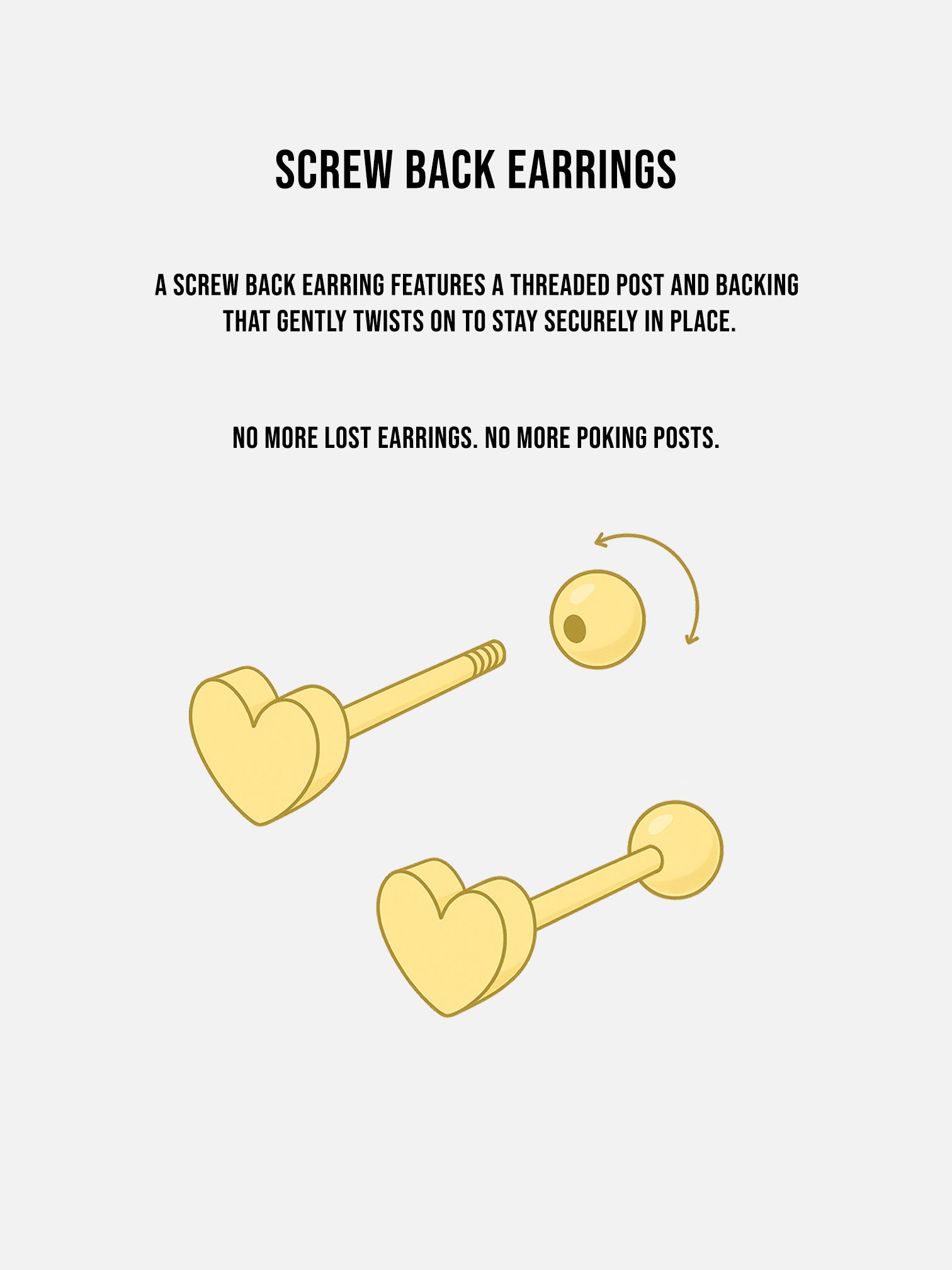 Infographic of screw back earrings showing a threaded post and round backing that twists on securely, with gold heart stud illustration and explanation of screw back closure design.