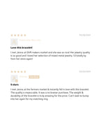 Customer review section showing two 5-star ratings praising quality and durability, with reviewer names and dates displayed.