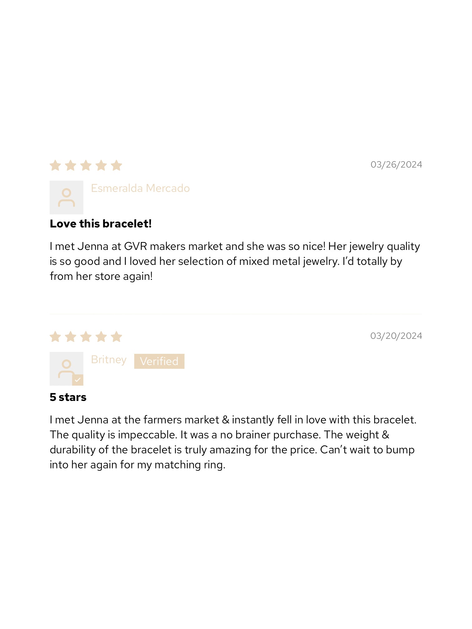 Customer review section showing two 5-star ratings praising quality and durability, with reviewer names and dates displayed.
