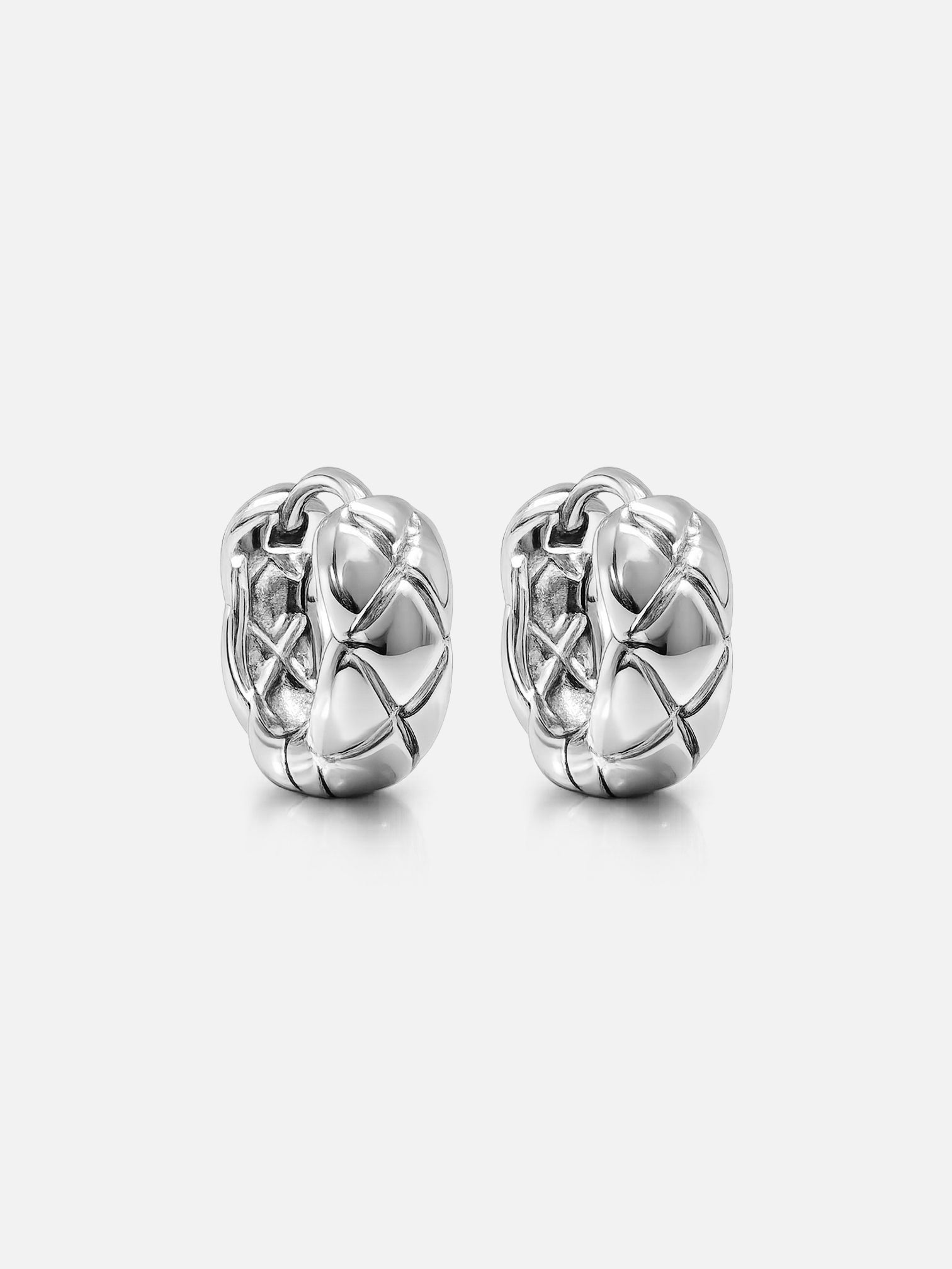 myEdzy Coco Quilted Huggie Hoop Earrings in Rhodium Plating White Gold Finish