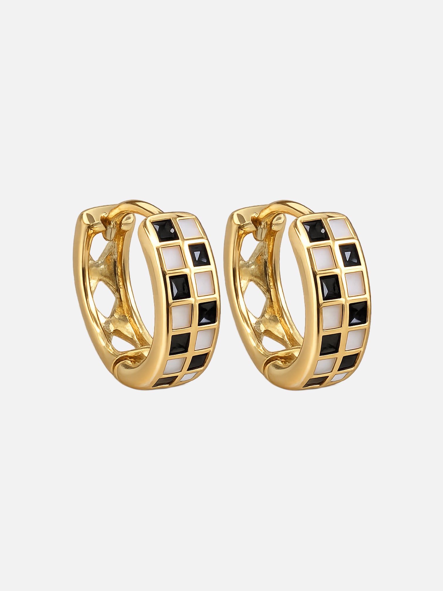 18k gold brass huggie hoop earrings black white inlay patterned chunky hoop earrings statement bold geometric small hoop earrings by myEdzy