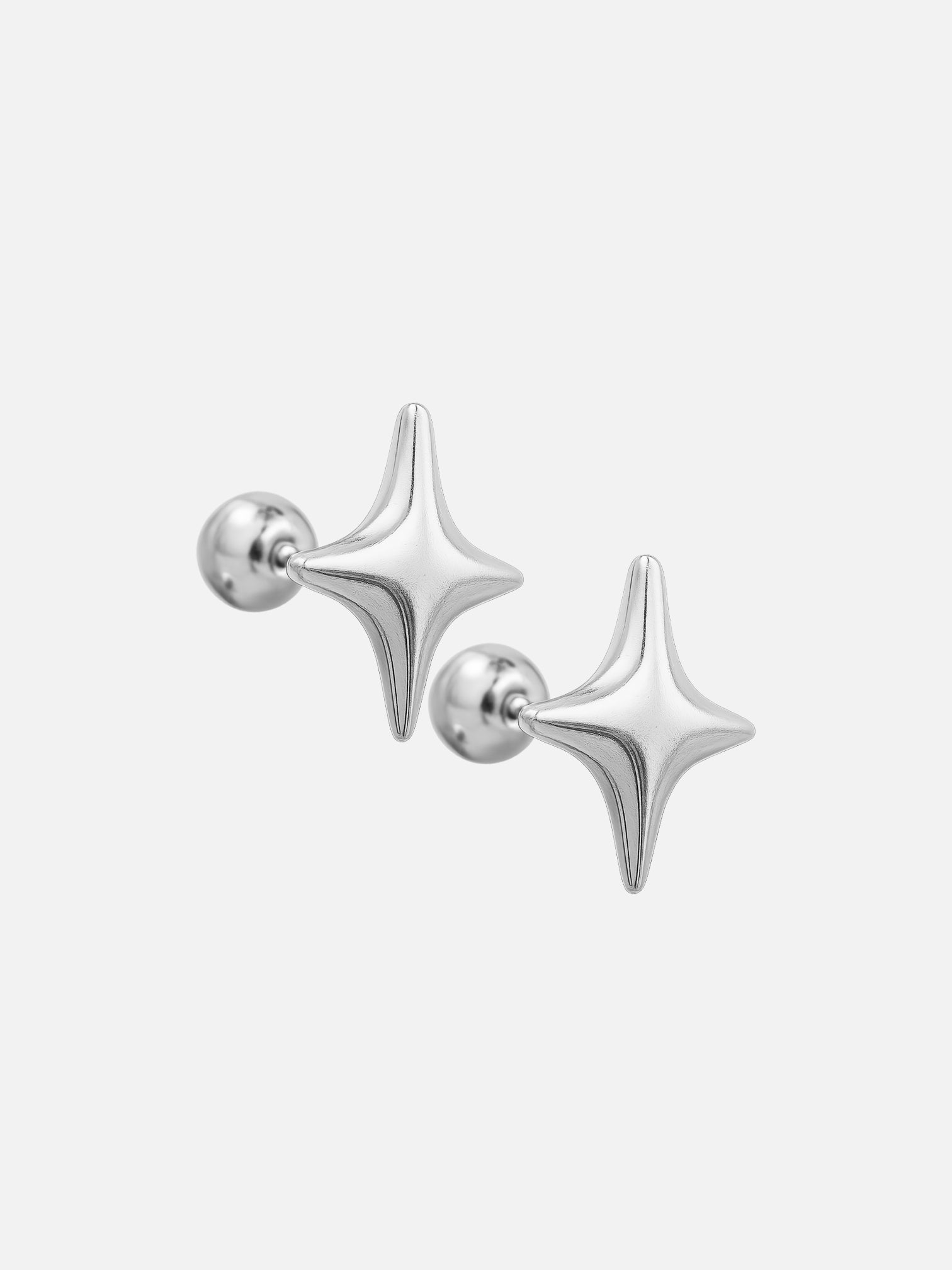 Polished white gold Starry screwback stud earrings with four-point star design and secure threaded backing, shown on a light gray background.