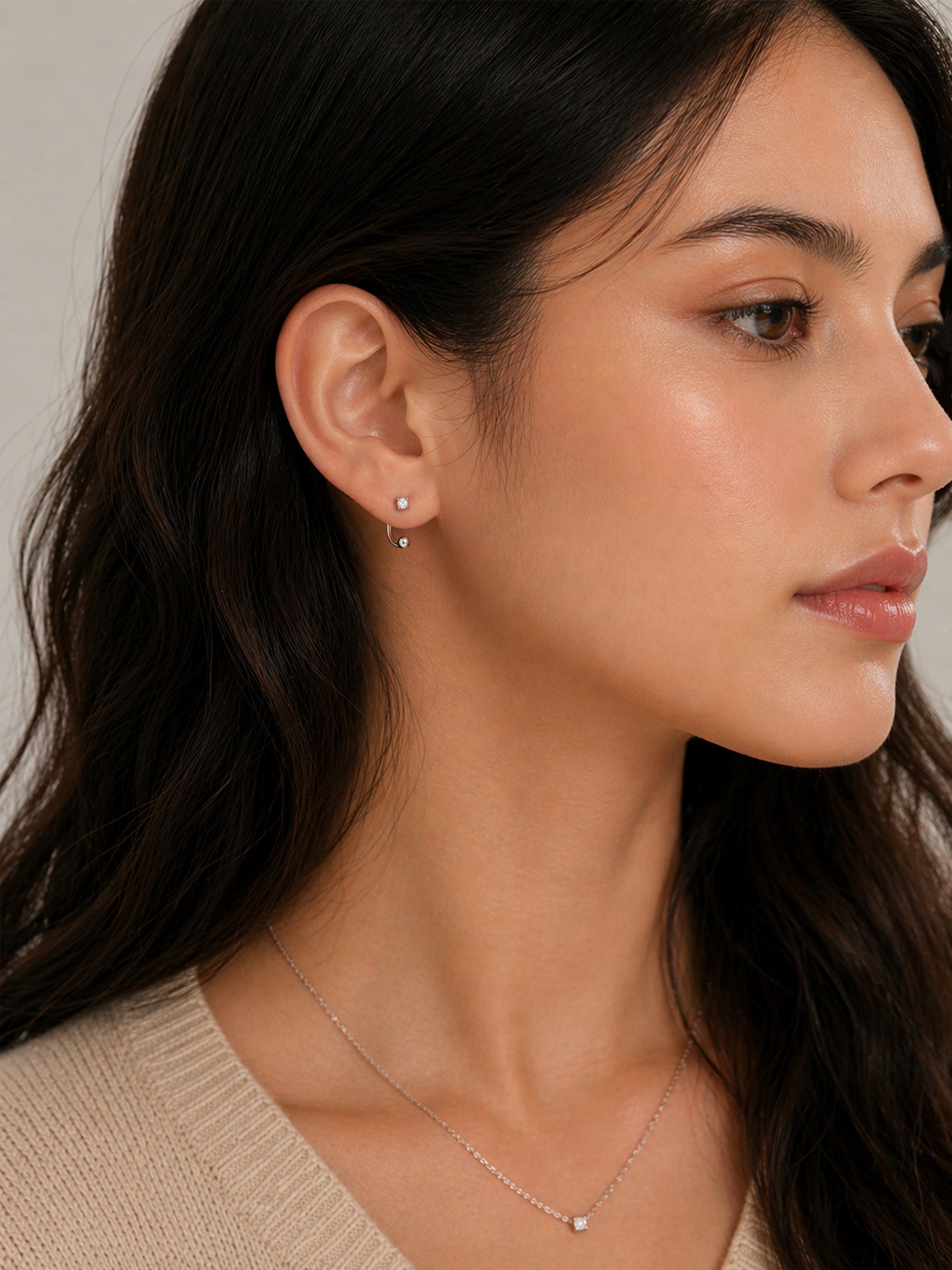 18k gold cz open hoop earrings screwball stud minimalist ear cuff look hypoallergenic lightweight everyday jewelry myEdzy model portrait
