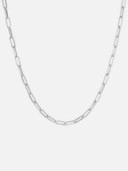 Minimal silver paperclip chain necklace with sleek rectangular links, lightweight and perfect for everyday layering or wearing solo by myEdzy