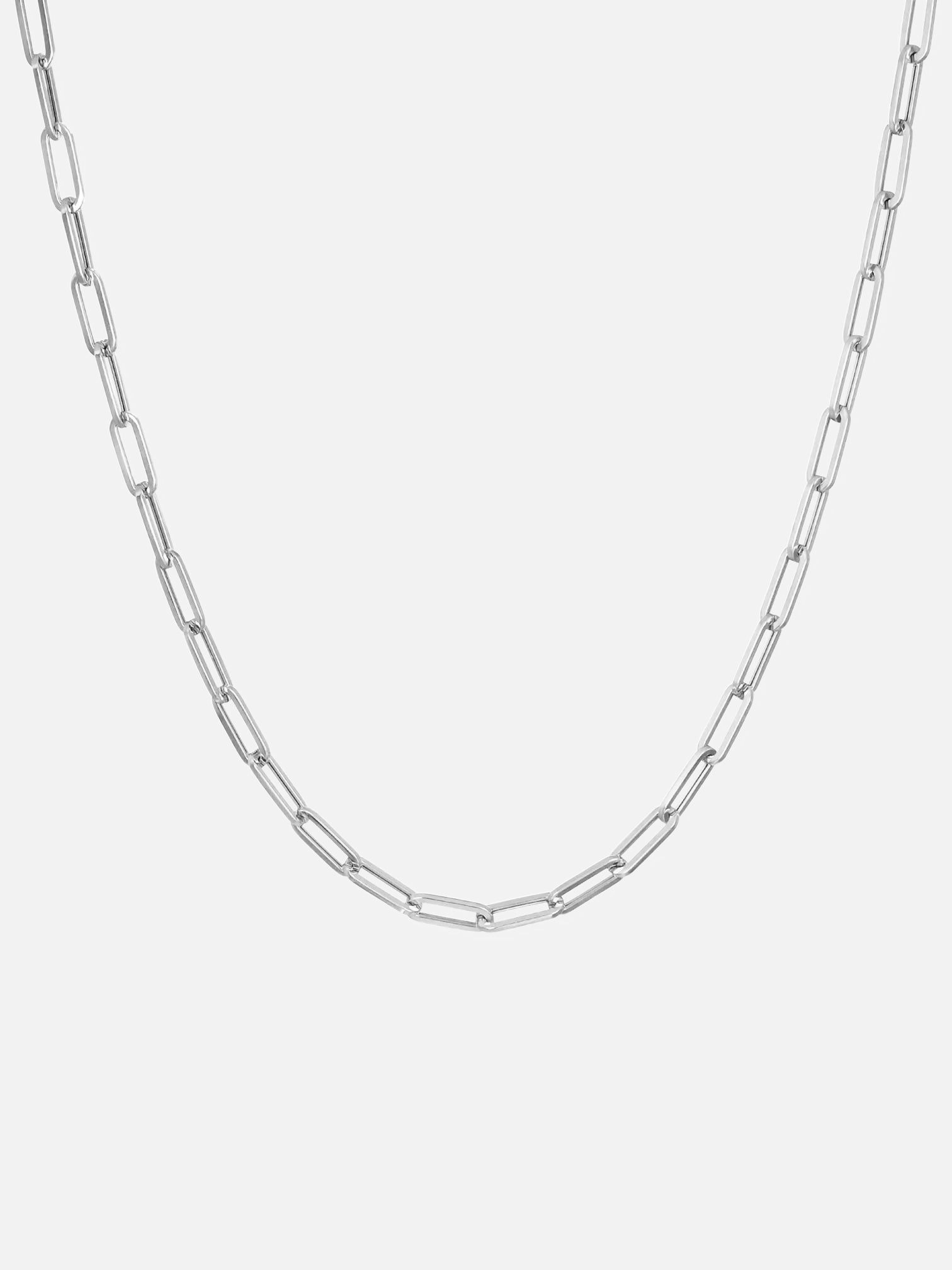 Minimal silver paperclip chain necklace with sleek rectangular links, lightweight and perfect for everyday layering or wearing solo by myEdzy