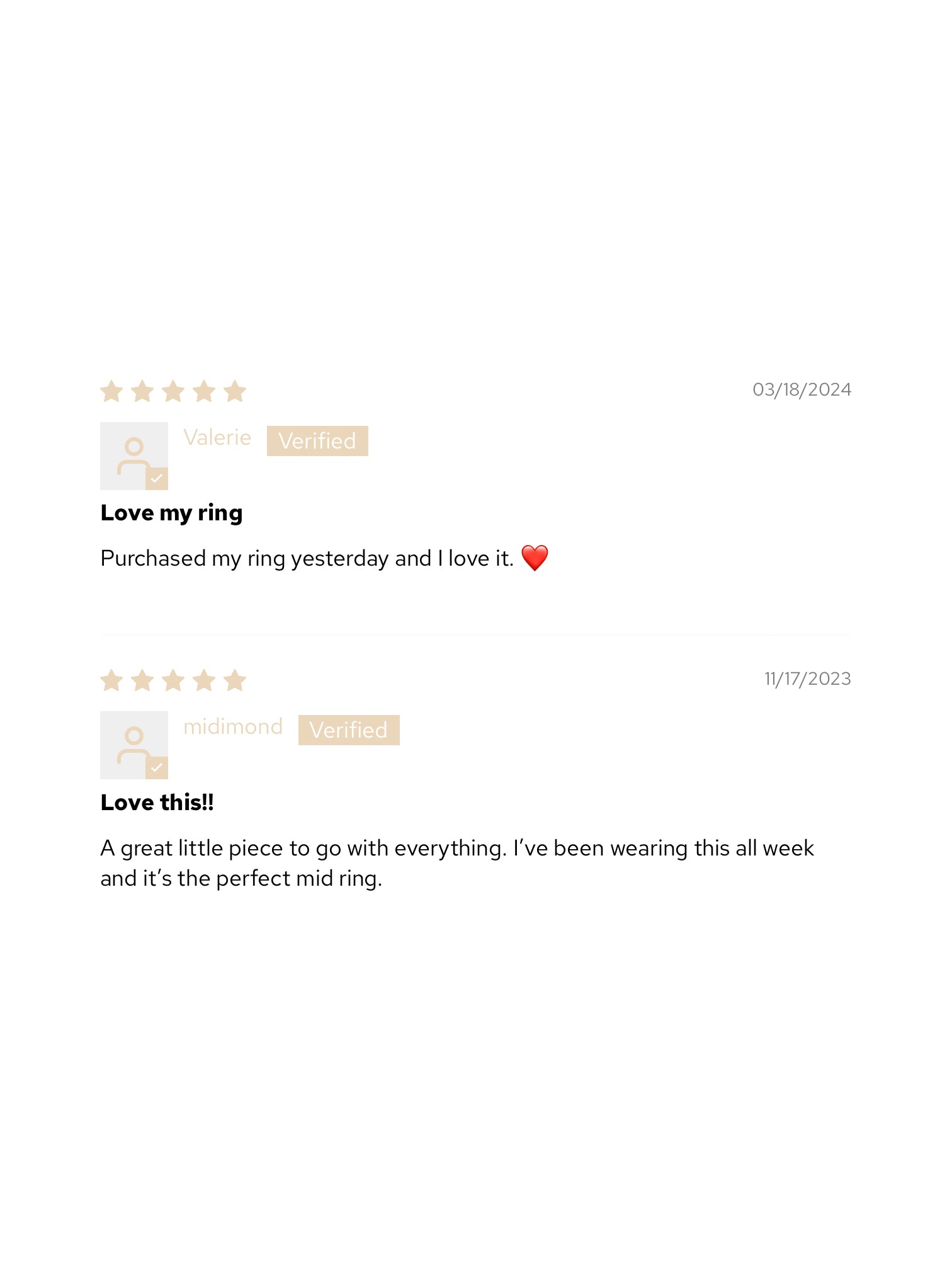 Customer review section showing two 5-star ratings praising quality and durability, with reviewer names and dates displayed.
