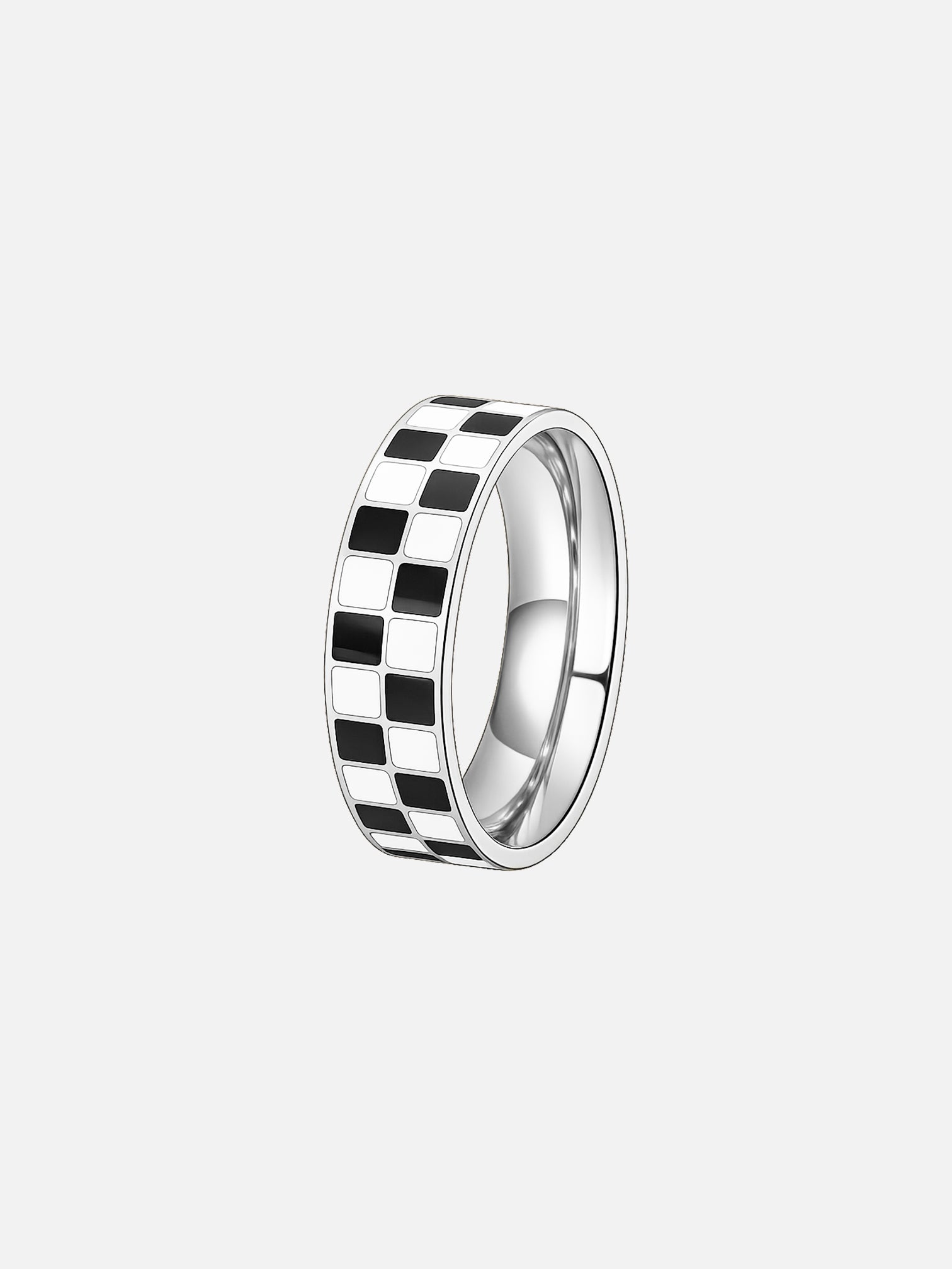18K white gold plated black and white checkered band ring, modern geometric statement jewelry by myEdzy