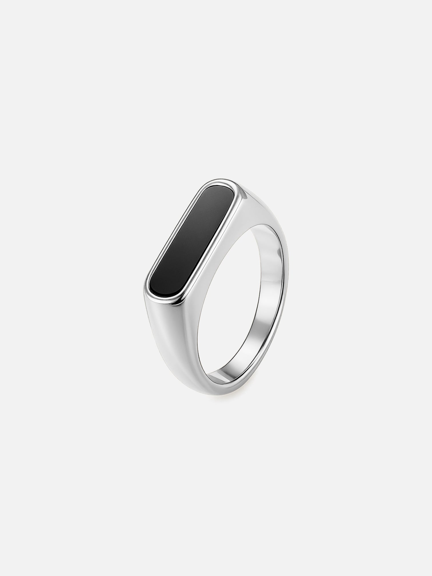 Lydia 18K white gold plated black onyx elongated signet ring, modern minimalist statement jewelry by myEdzy