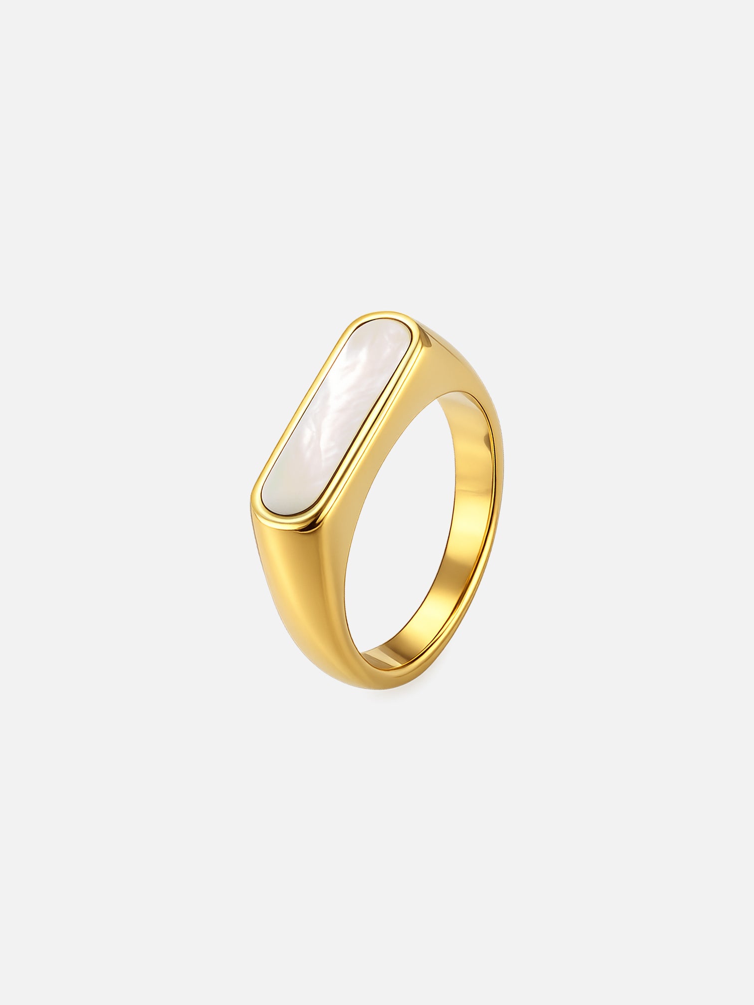 Lydia 18K gold plated white mother of pearl elongated signet ring, modern minimalist statement jewelry by myEdzy