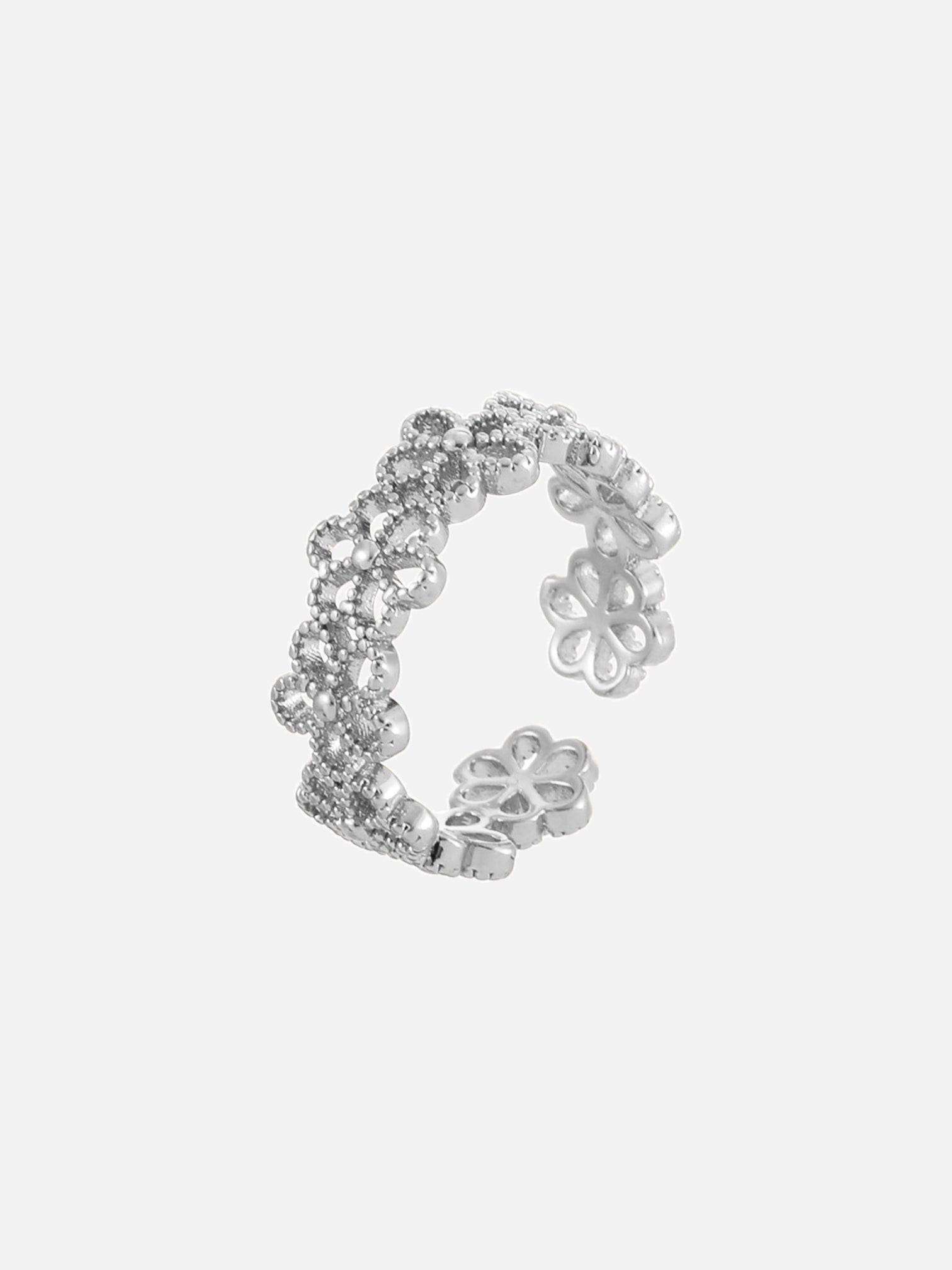 Fiora white gold silver floral adjustable ring 4.3mm open band lightweight