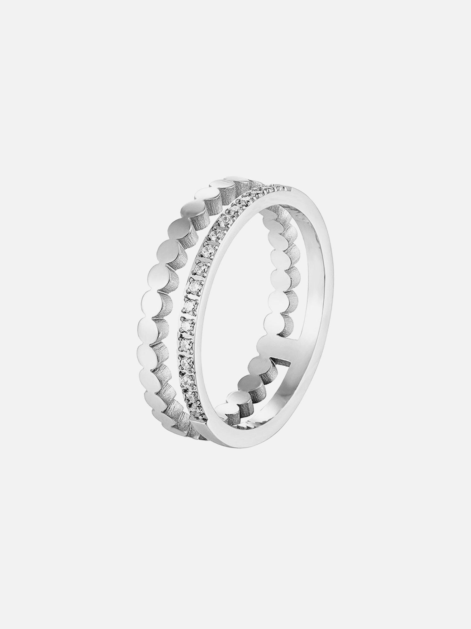 Minimal double layer ring silver with pave cubic zirconia, stacking illusion ring, layered band design, modern minimalist everyday jewelry by myEdzy
