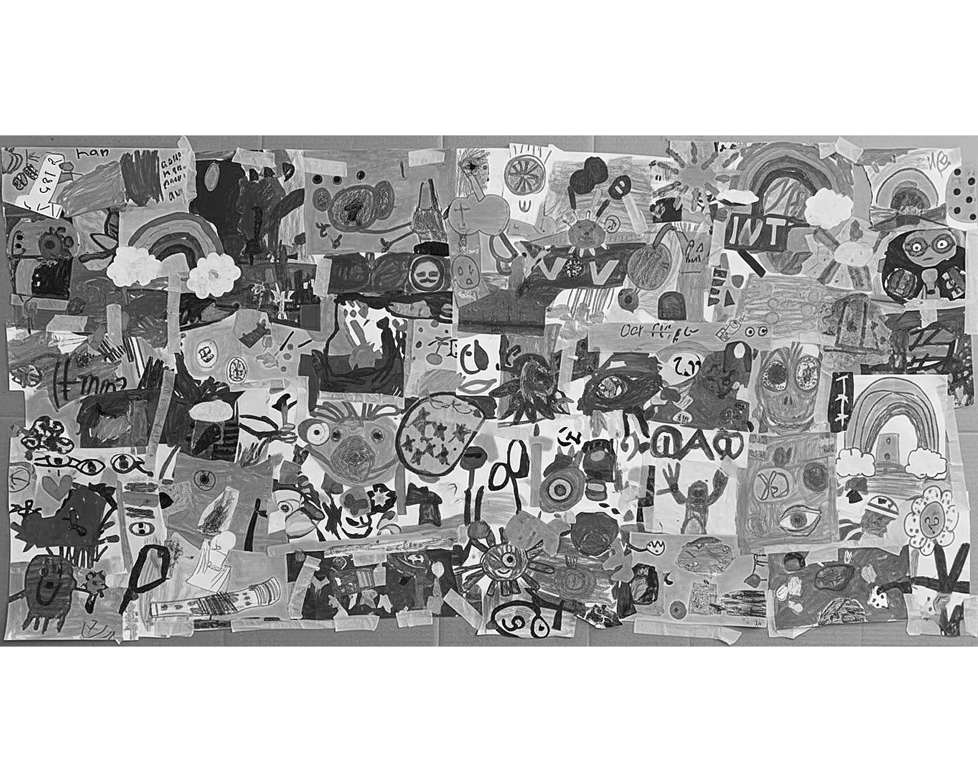 Mixed-media wall of children’s drawings representing creativity, human touch, and the artistic spirit behind a Las Vegas-based jewelry brand myEdzy